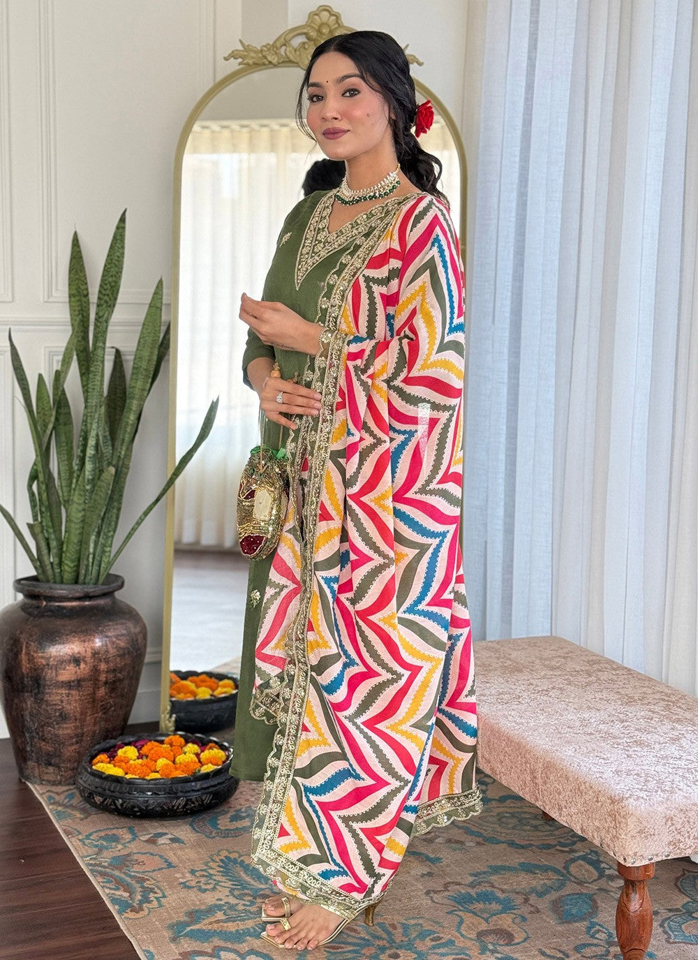 Embroidered Viscose Green Salwar Suit T6040
