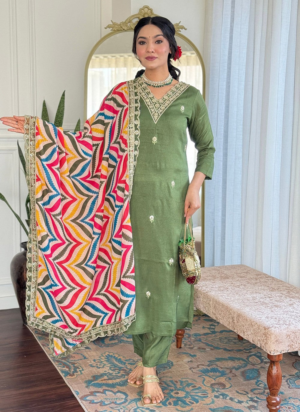 Embroidered Viscose Green Salwar Suit T6040