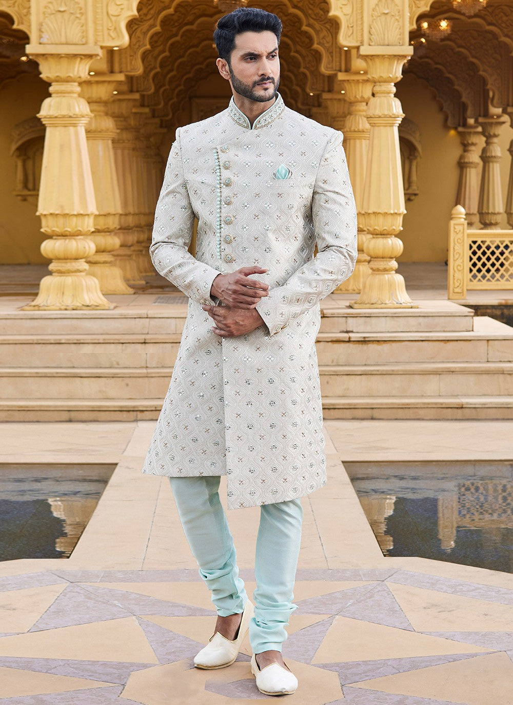 Machine Embroidery Art Silk Green Sherwani - M6104