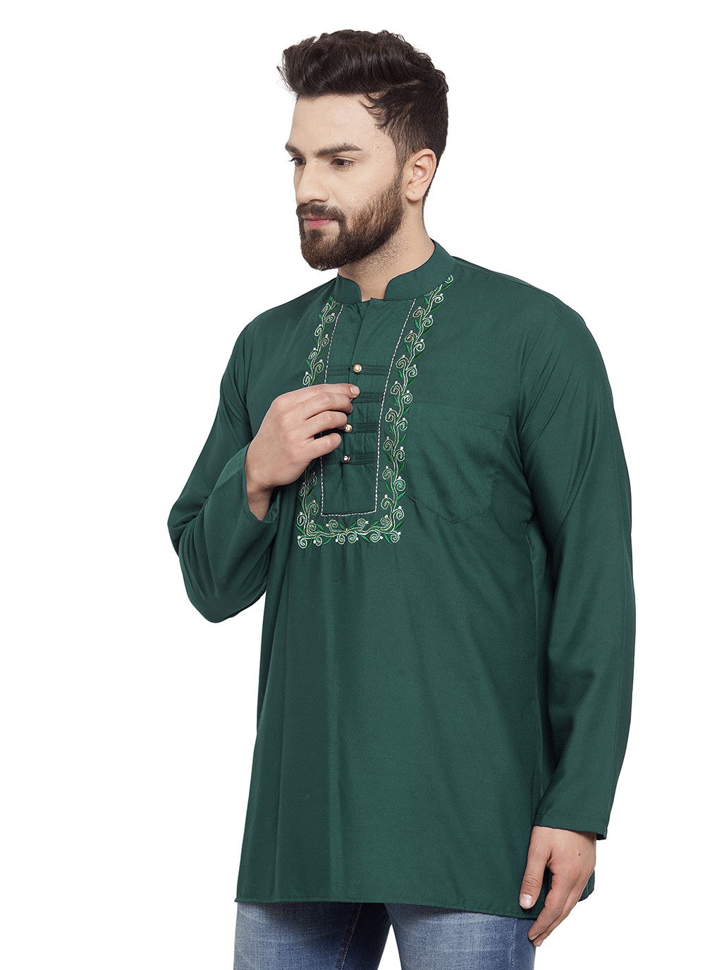 Machine Embroidery Blended Cotton Green Short Kurta - M5724