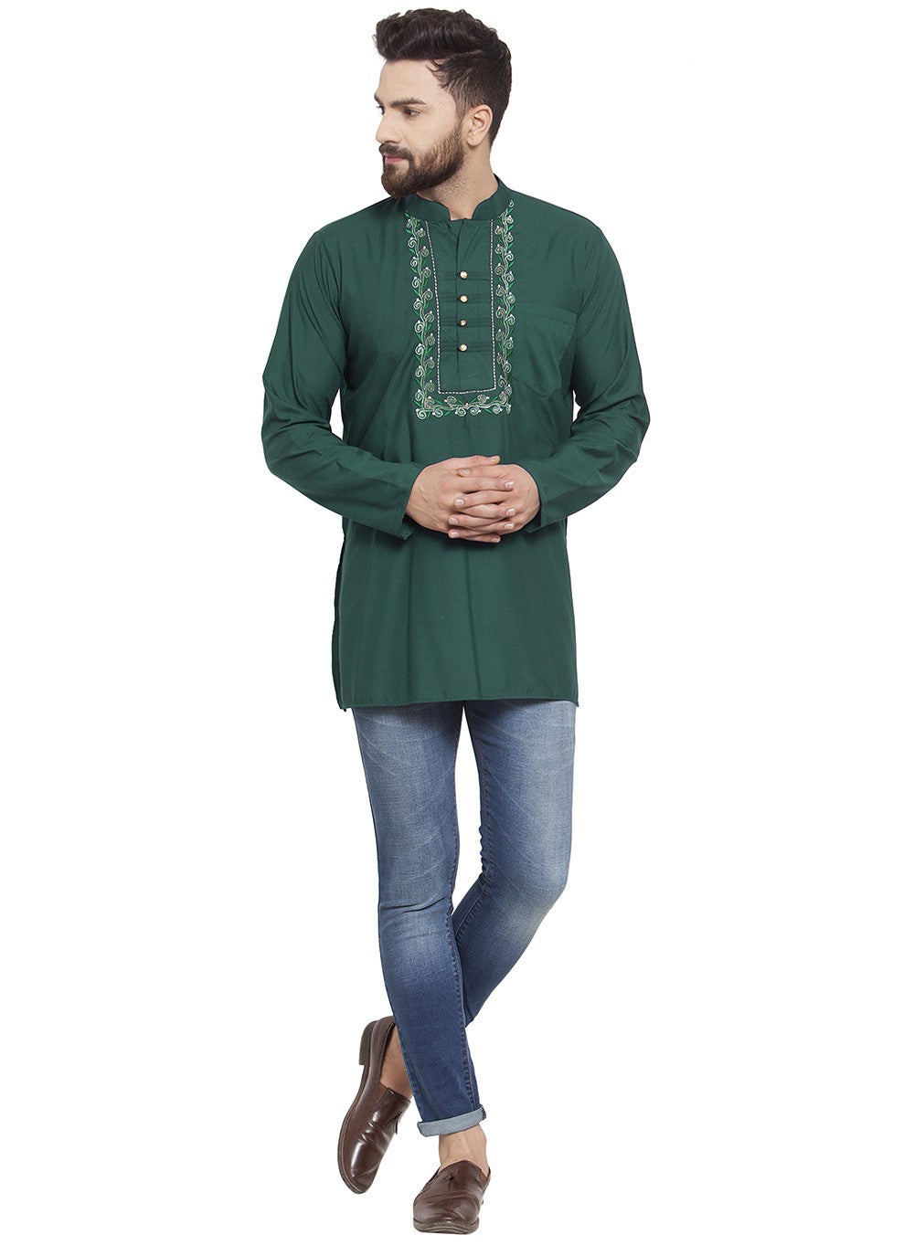 Machine Embroidery Blended Cotton Green Short Kurta - M5724