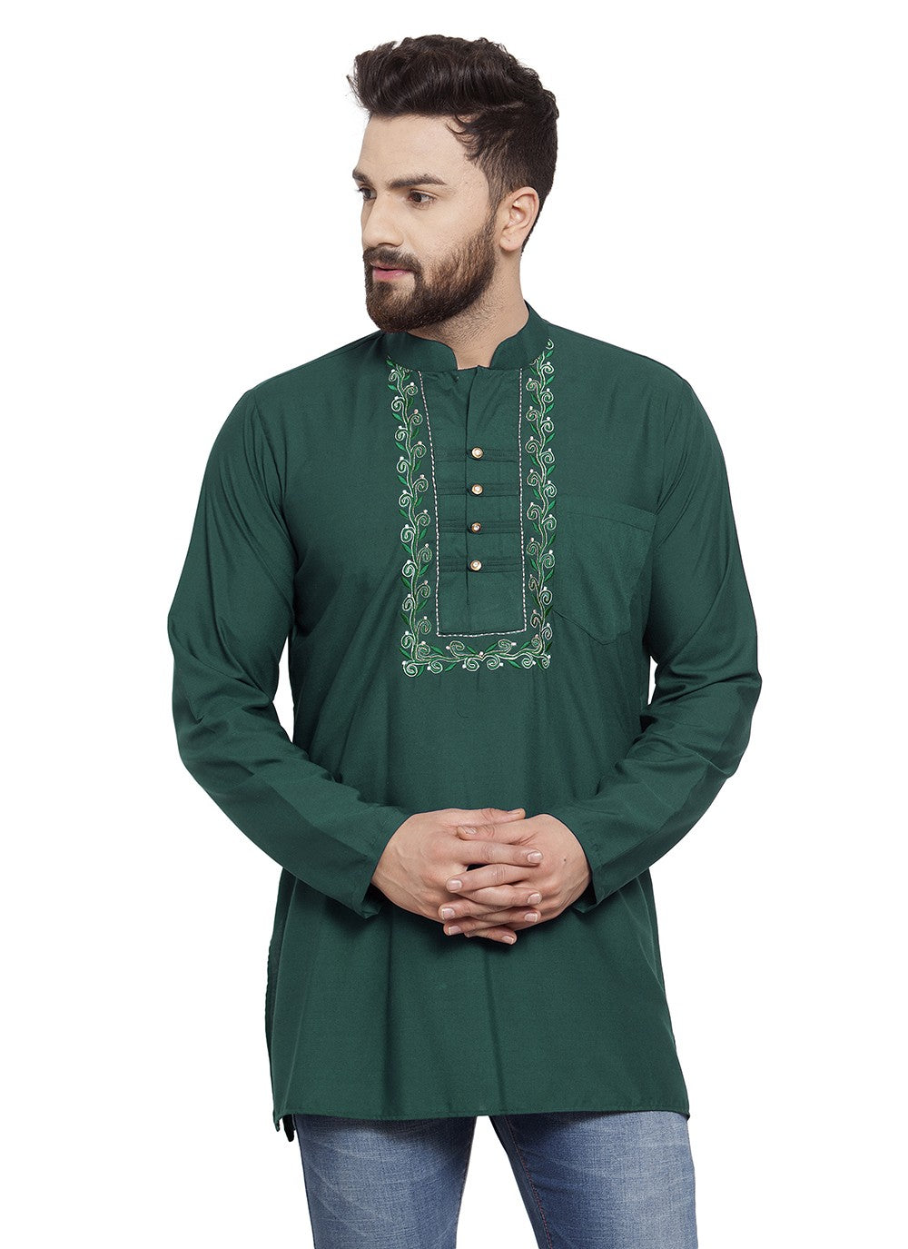 Machine Embroidery Blended Cotton Green Short Kurta - M5724