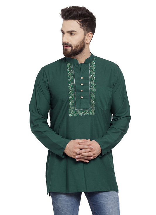 Machine Embroidery Blended Cotton Green Short Kurta - M5724