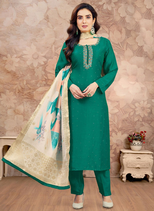 Pant Style Suit Embroidered Green T8084