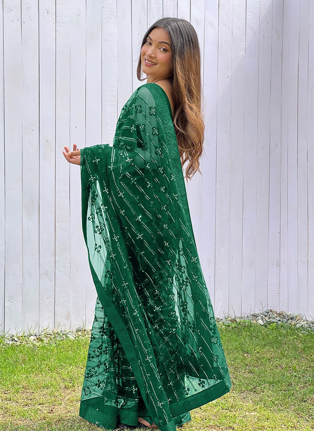 Embroidered, Sequins, Thread Net Saree - S11632
