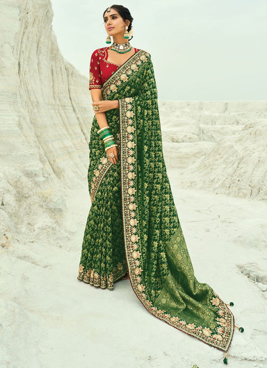 Green Pure Georgette Trendy Saree Cutdana, Embroidered, Fancy Work, Zari S19125