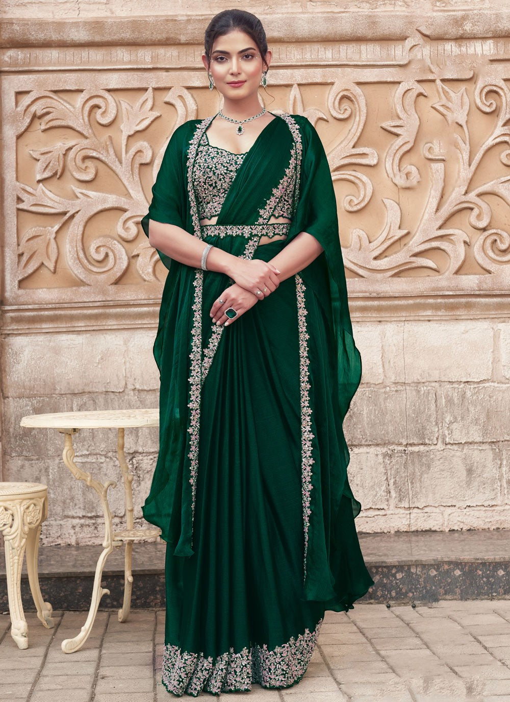 Fancy Work Chiffon Green Saree S14519