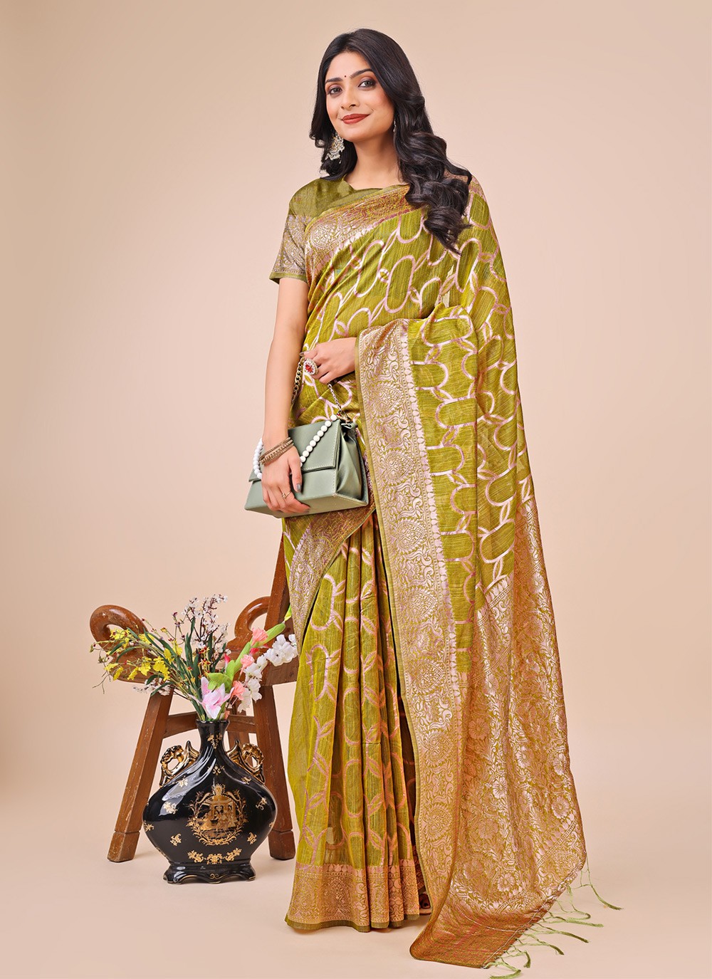 Woven Cotton Green Contemporary Saree S15144
