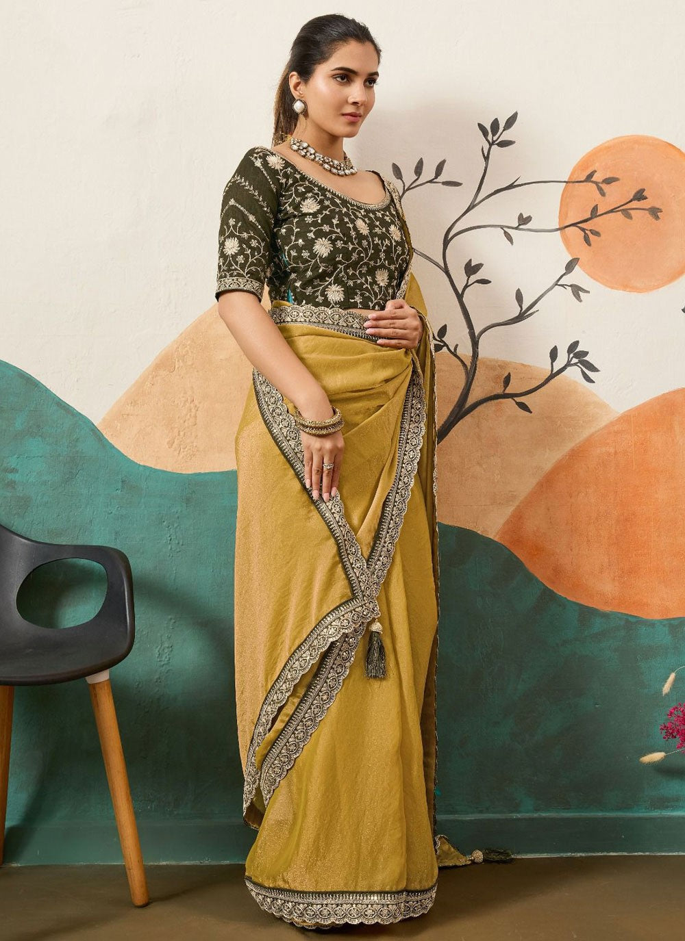 Green Silk Contemporary Saree Border Work, Cord, Sequins S20437