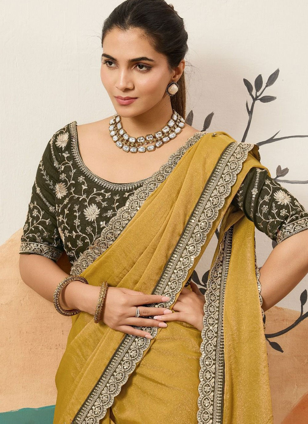 Green Silk Contemporary Saree Border Work, Cord, Sequins S20437