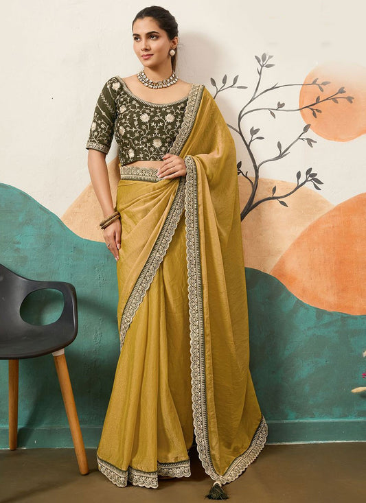 Green Silk Contemporary Saree Border Work, Cord, Sequins S20437