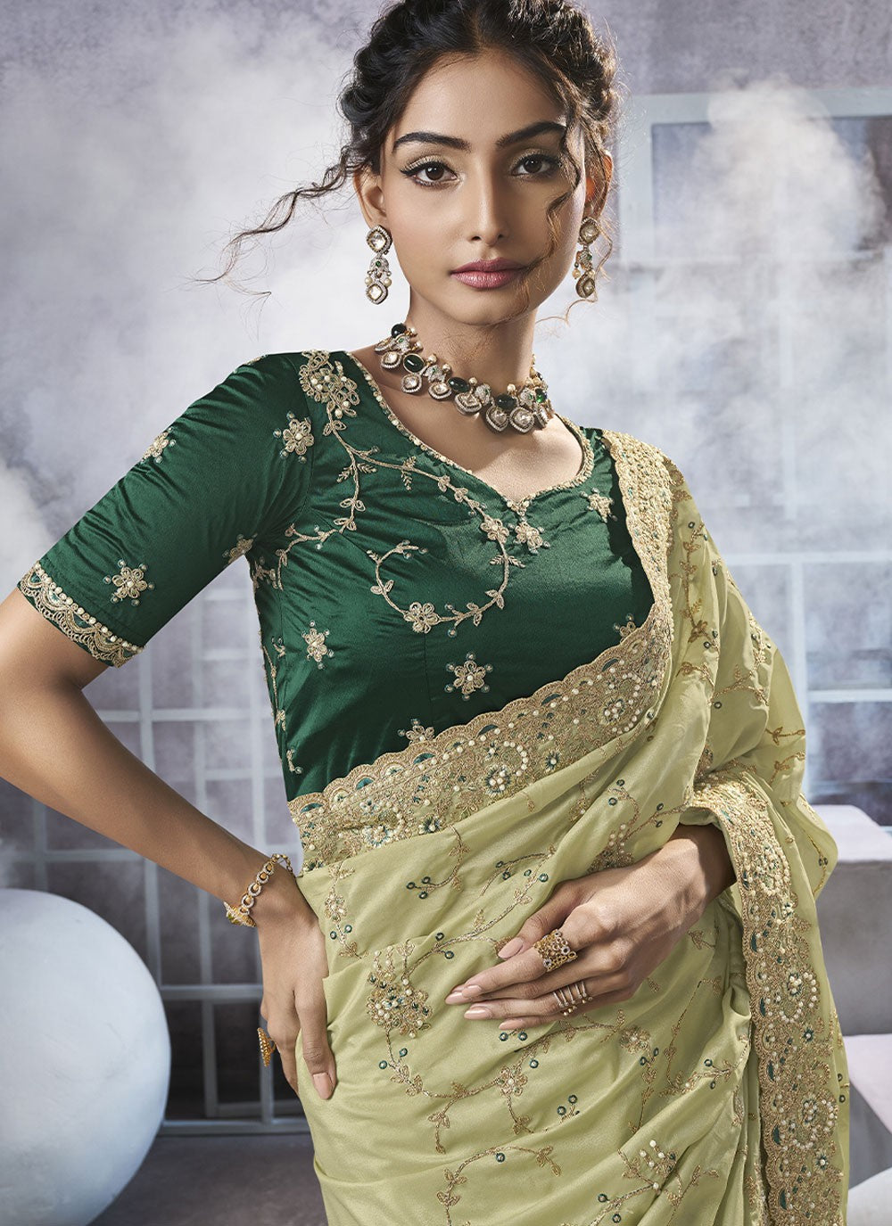 Green Georgette Classic Saree Beads, Cord, Embroidered, Thread, Zari S15781