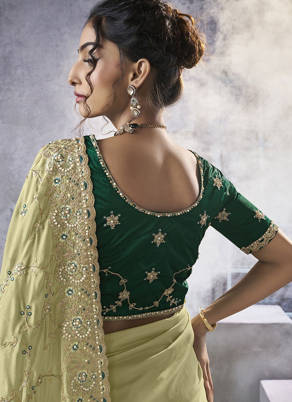 Green Georgette Classic Saree Beads, Cord, Embroidered, Thread, Zari S15781