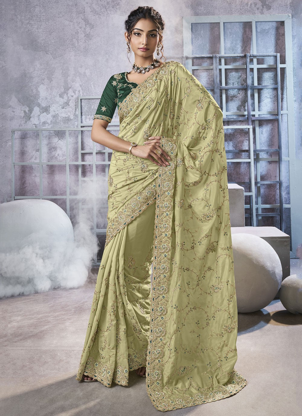 Green Georgette Classic Saree Beads, Cord, Embroidered, Thread, Zari S15781