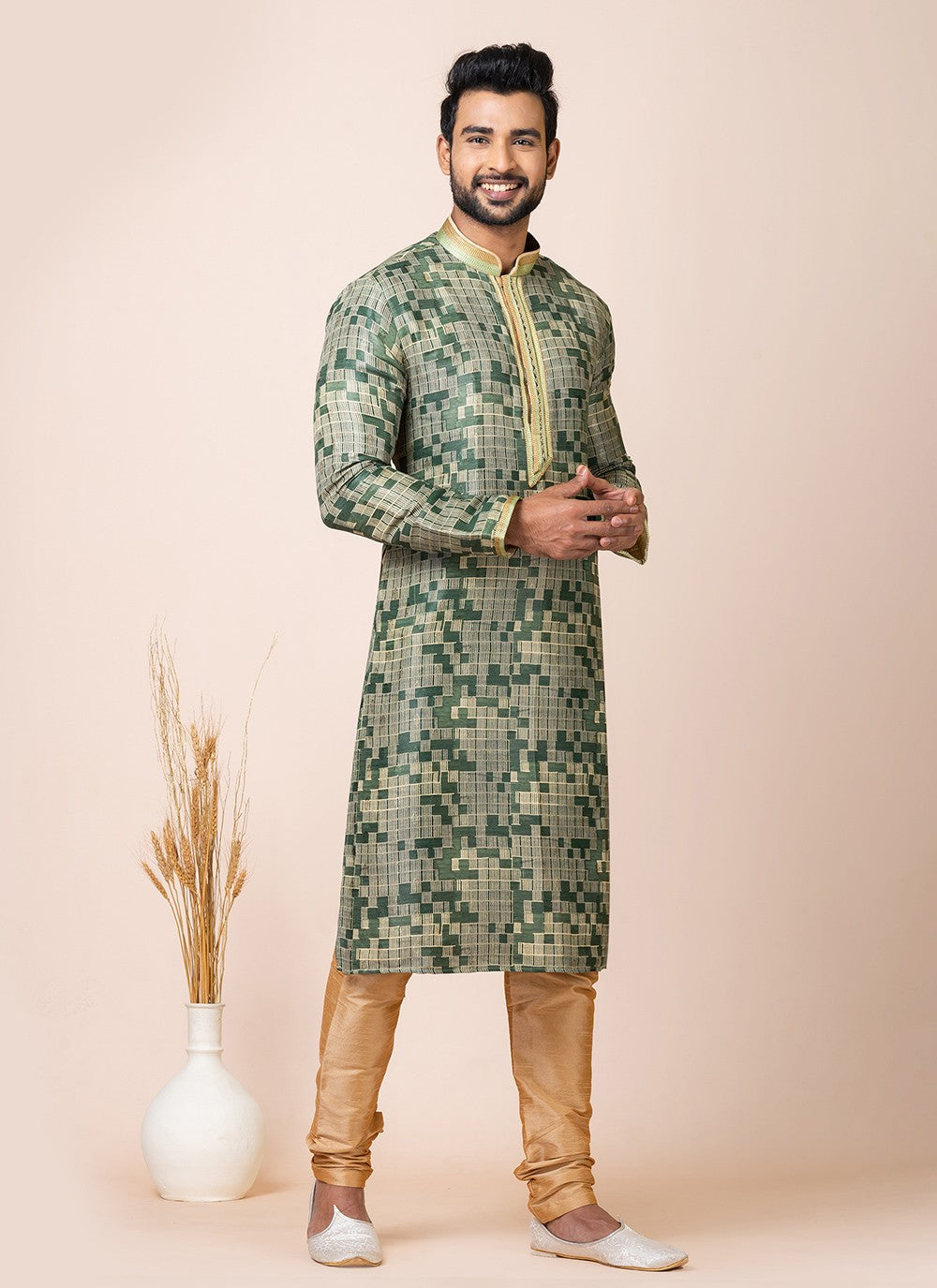 Jacquard Work Cotton Green Kurta Pyjama - M7519