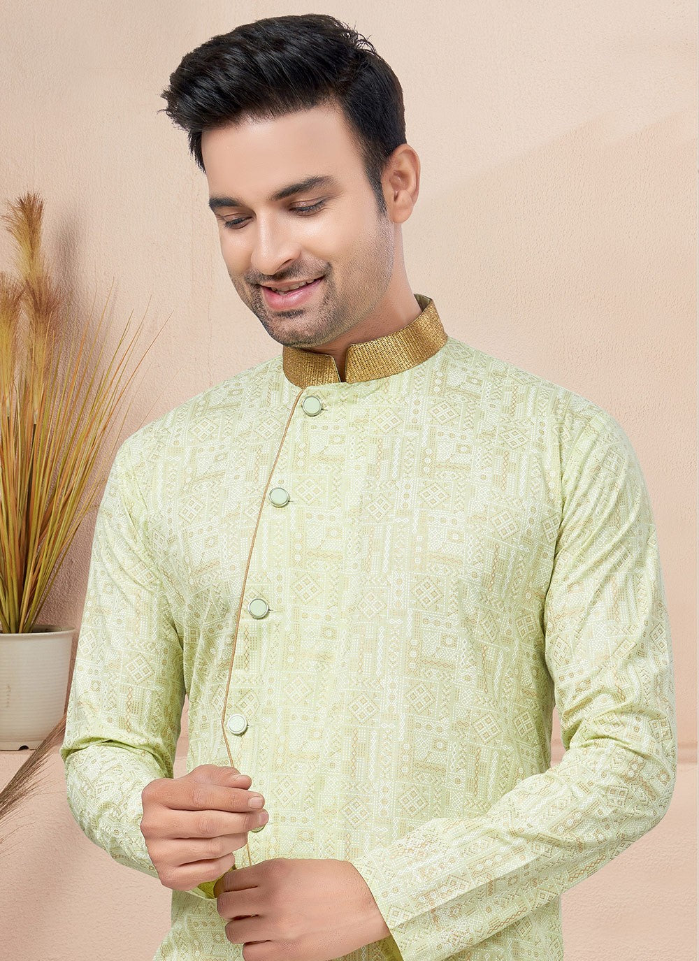 Lace Cotton Green Indo Western - M6208