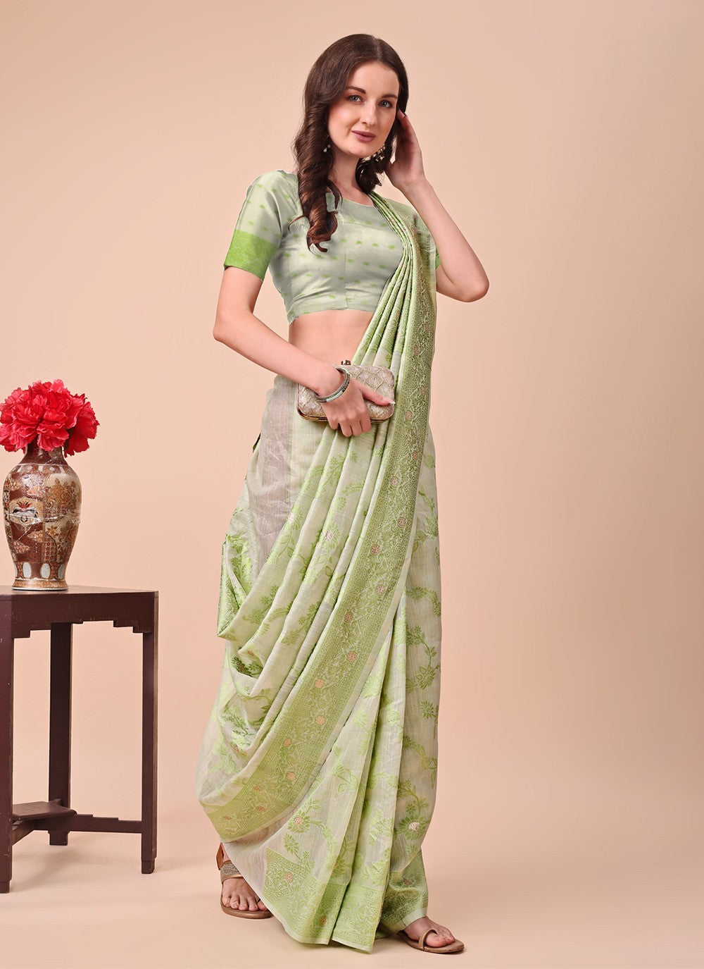 Weaving Zari Cotton Green Trendy Saree S15125