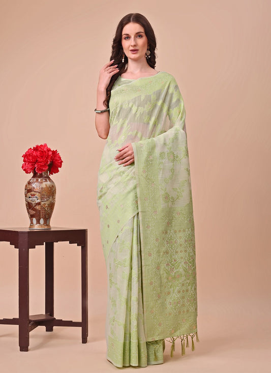 Weaving Zari Cotton Green Trendy Saree S15125
