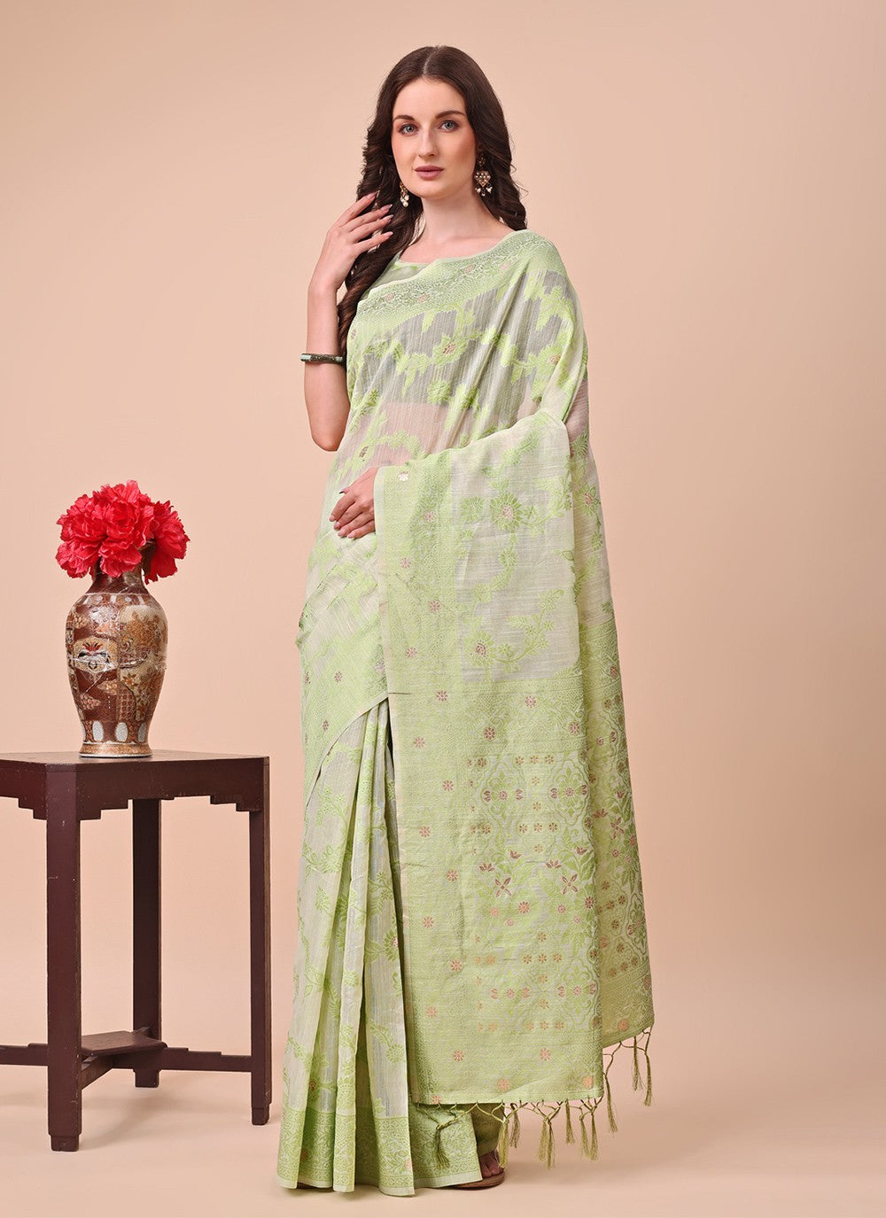 Weaving Zari Cotton Green Trendy Saree S15125