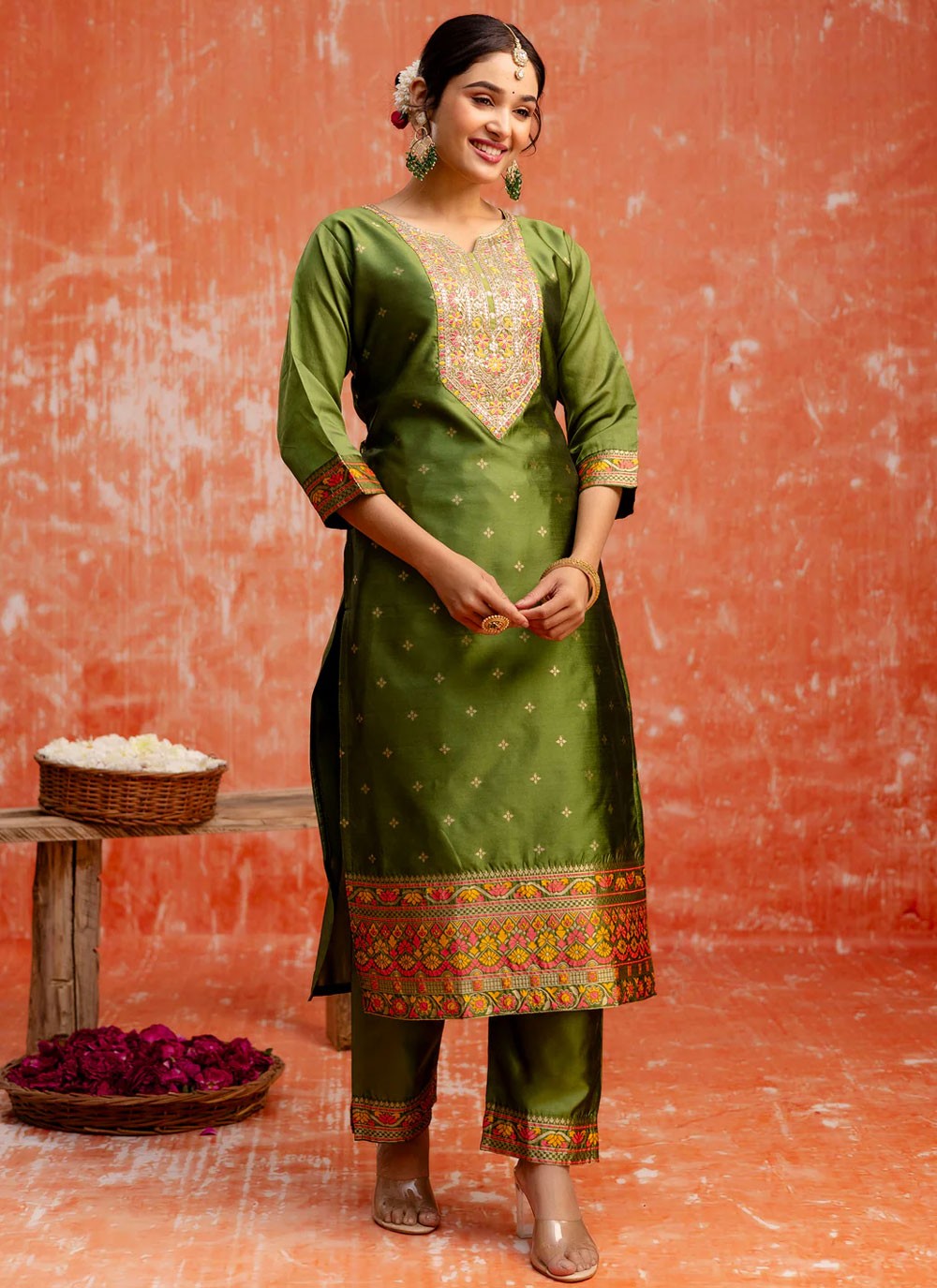 Embroidered Cotton Silk Green Salwar Suit T6153