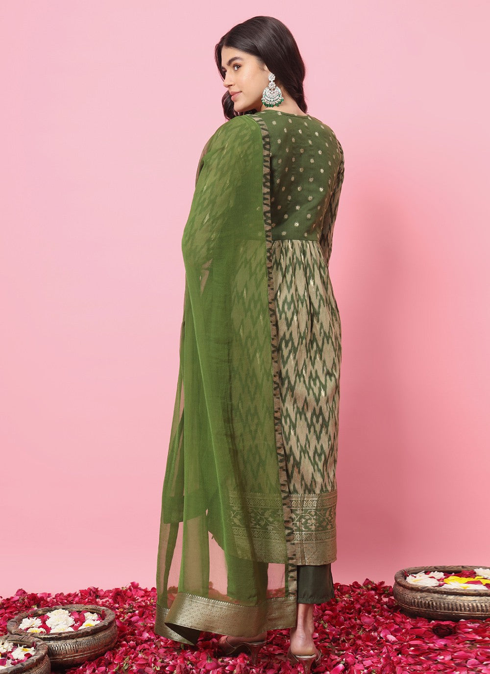 Pant Style Suit Embroidered, Printed Green T7213