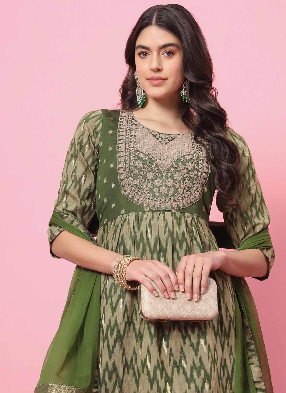 Pant Style Suit Embroidered, Printed Green T7213