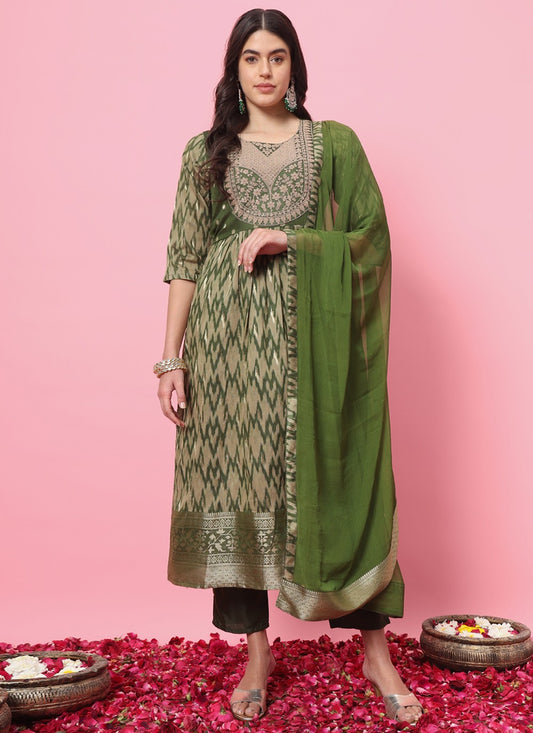 Pant Style Suit Embroidered, Printed Green T7213