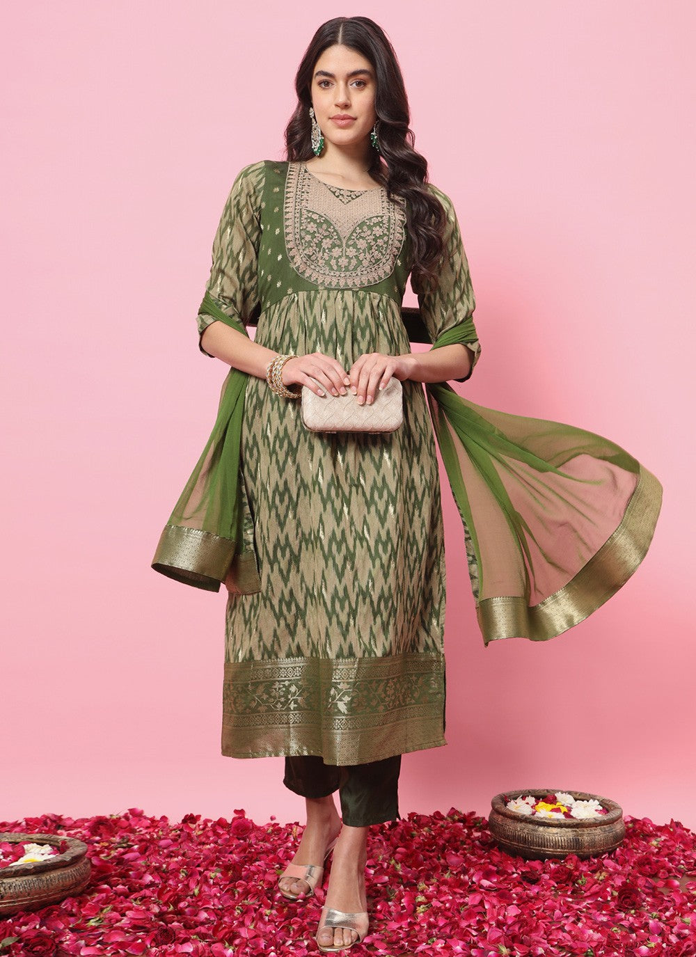 Pant Style Suit Embroidered, Printed Green T7213