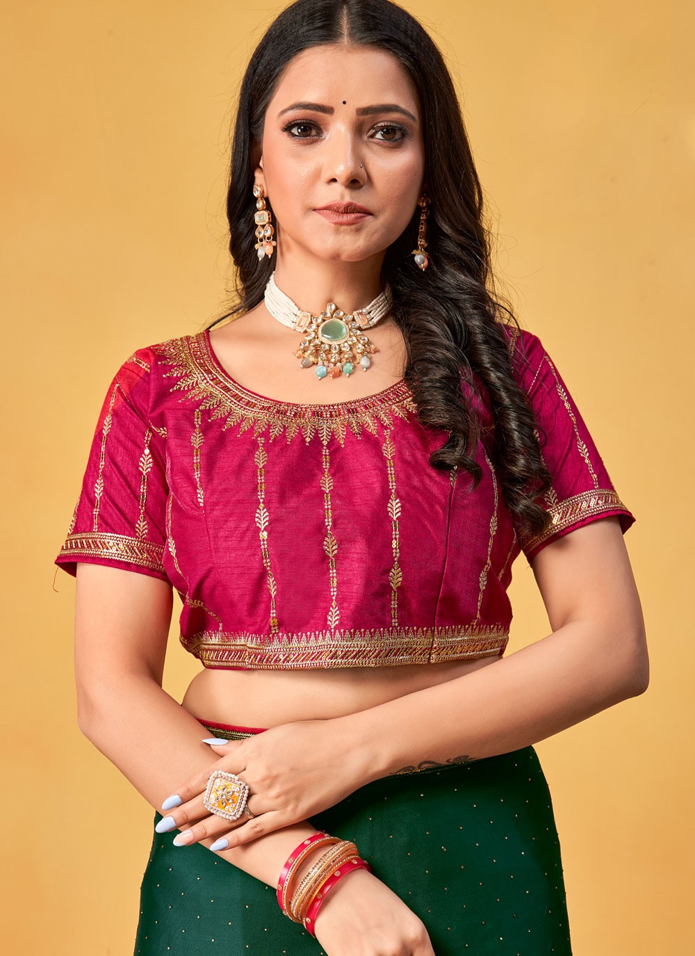 Contemporary Border Work Green Rangoli Saree S12686