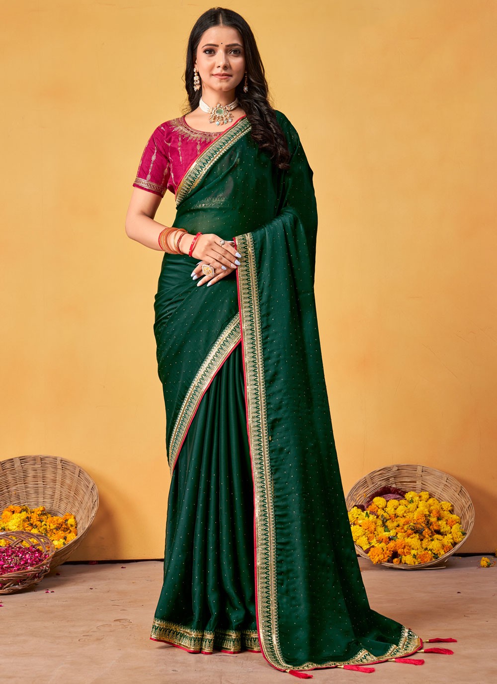 Contemporary Border Work Green Rangoli Saree S12686