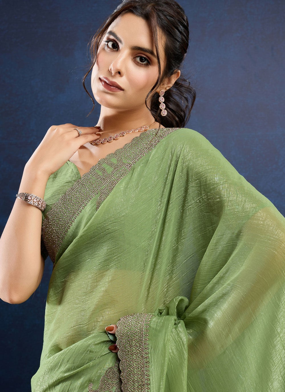 Trendy Saree Cutdana Green Silk S12495