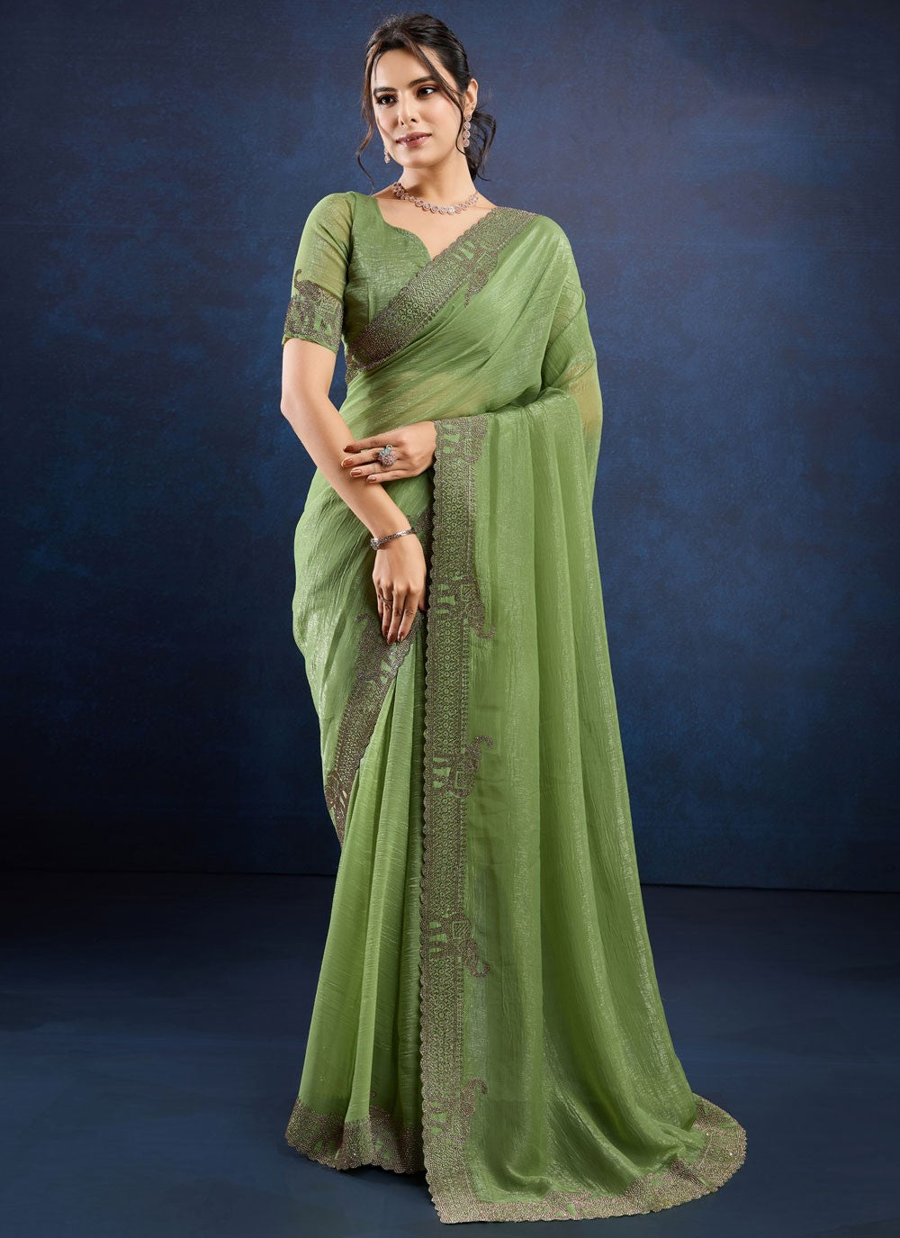 Trendy Saree Cutdana Green Silk S12495