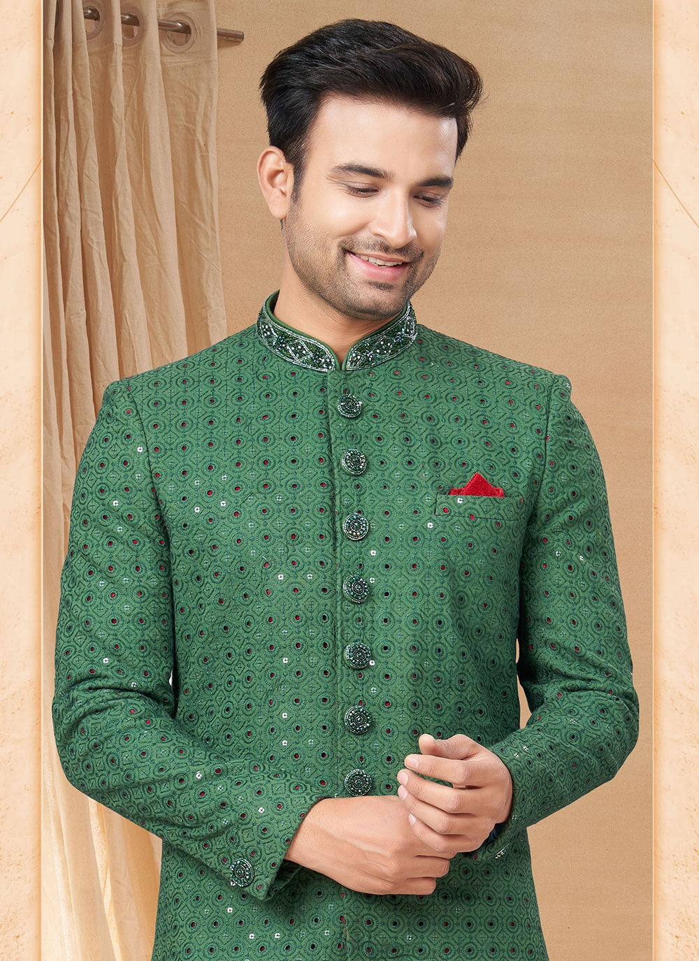 Cut Work Lucknowi Green Indo Western - M6236