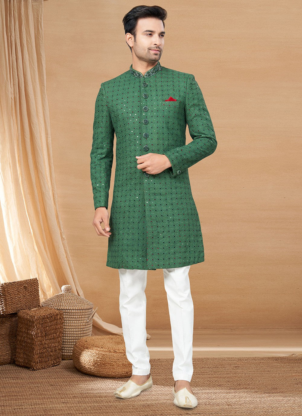 Cut Work Lucknowi Green Indo Western - M6236