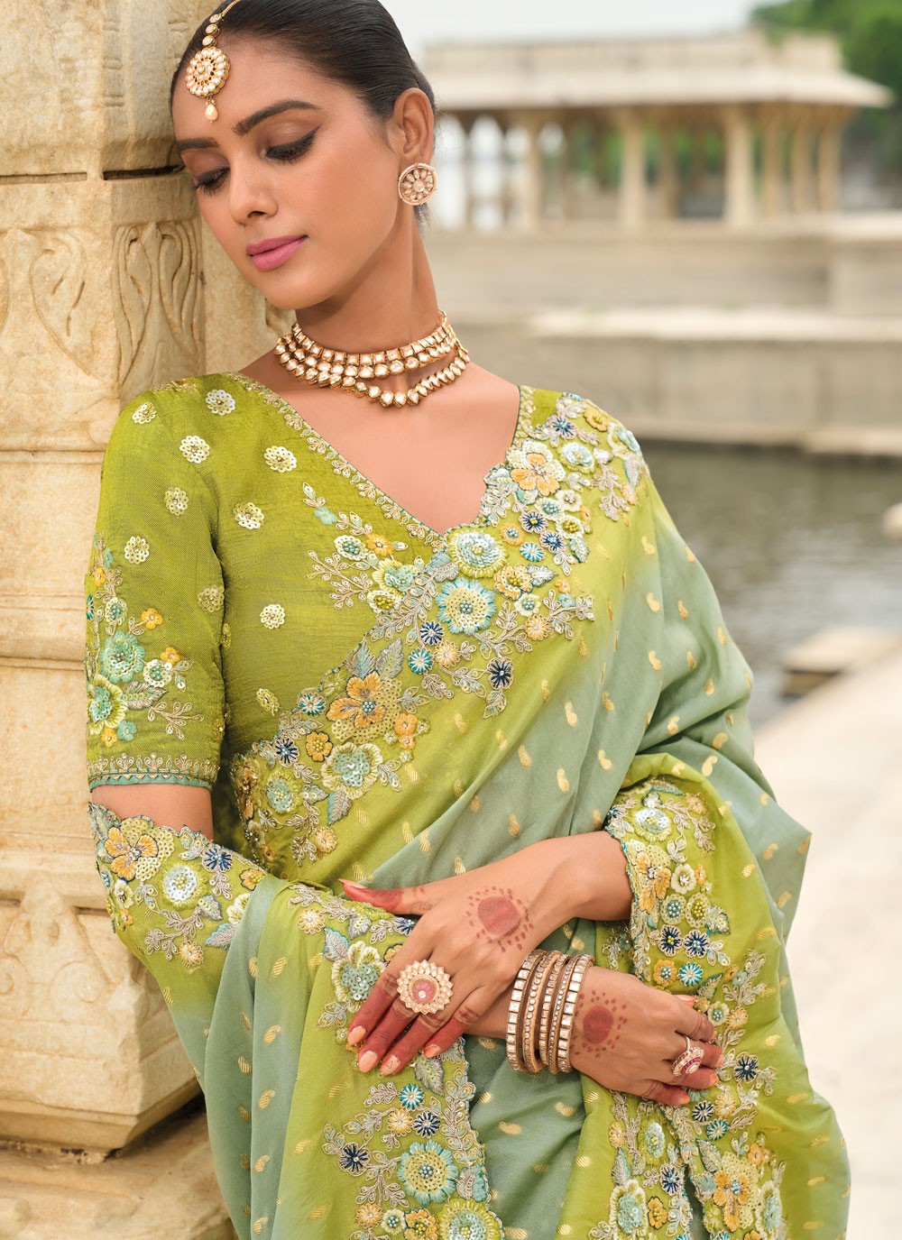 Designer Buttis Green Silk Saree S13030