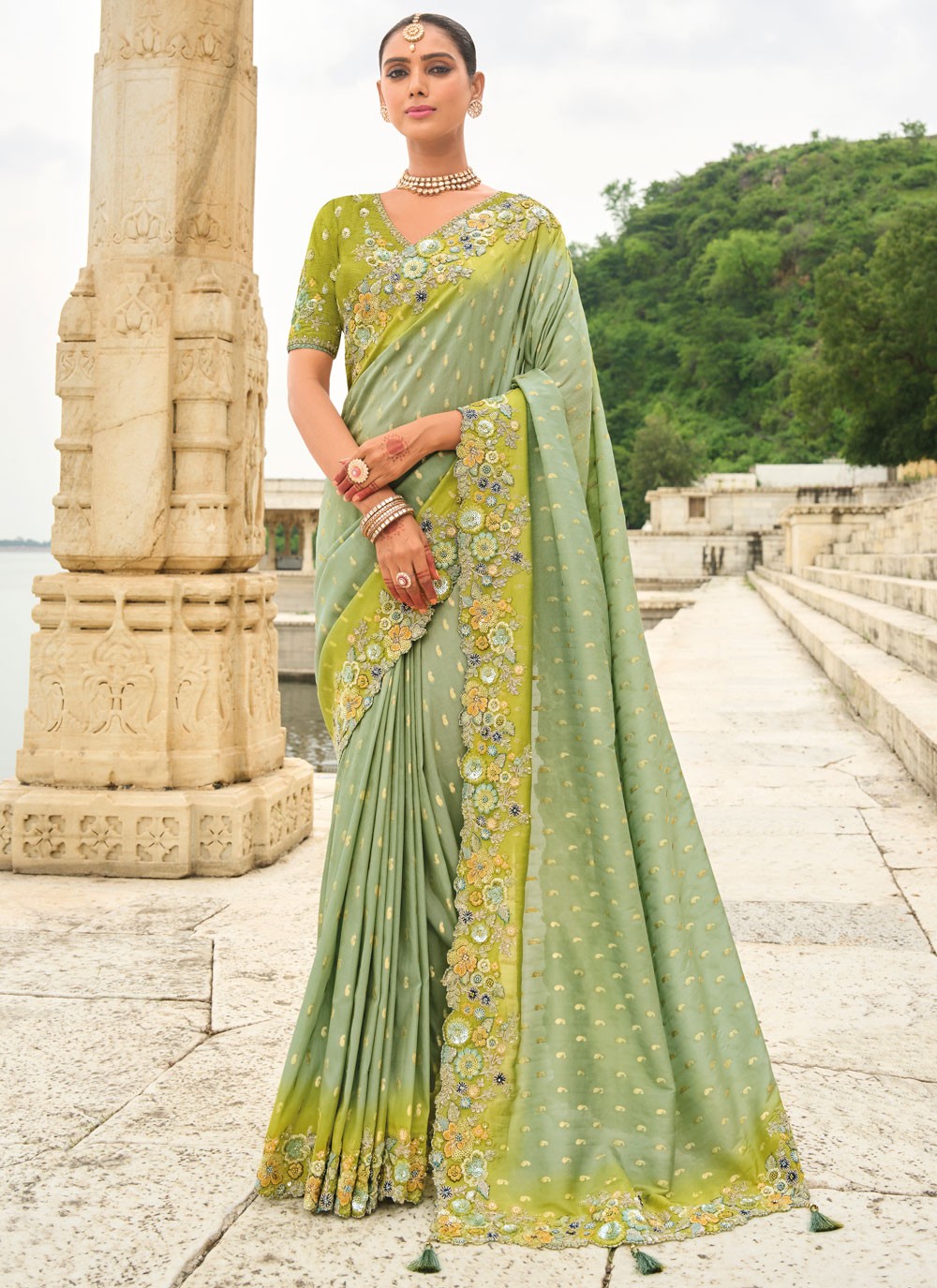 Designer Buttis Green Silk Saree S13030