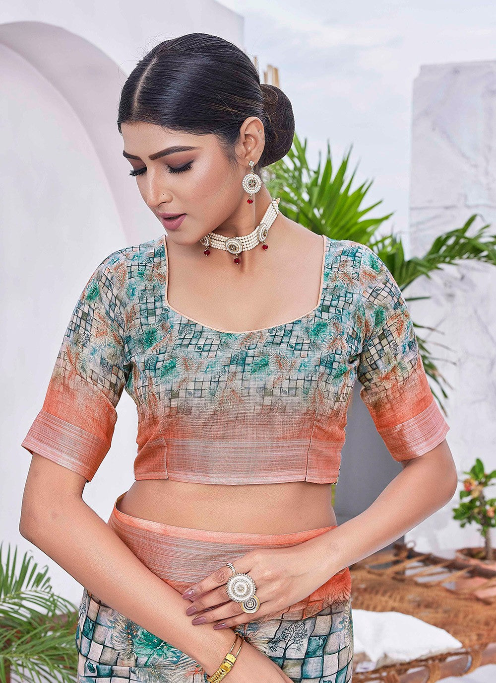 Classic Digital Print Linen Saree - S8986