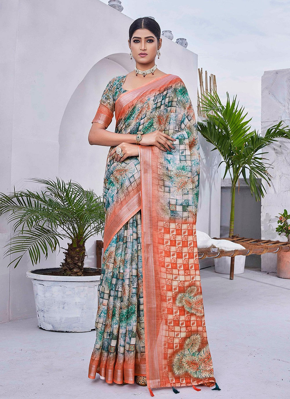 Classic Digital Print Linen Saree - S8986