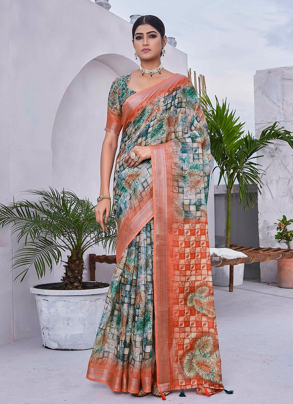 Classic Digital Print Linen Saree - S8986