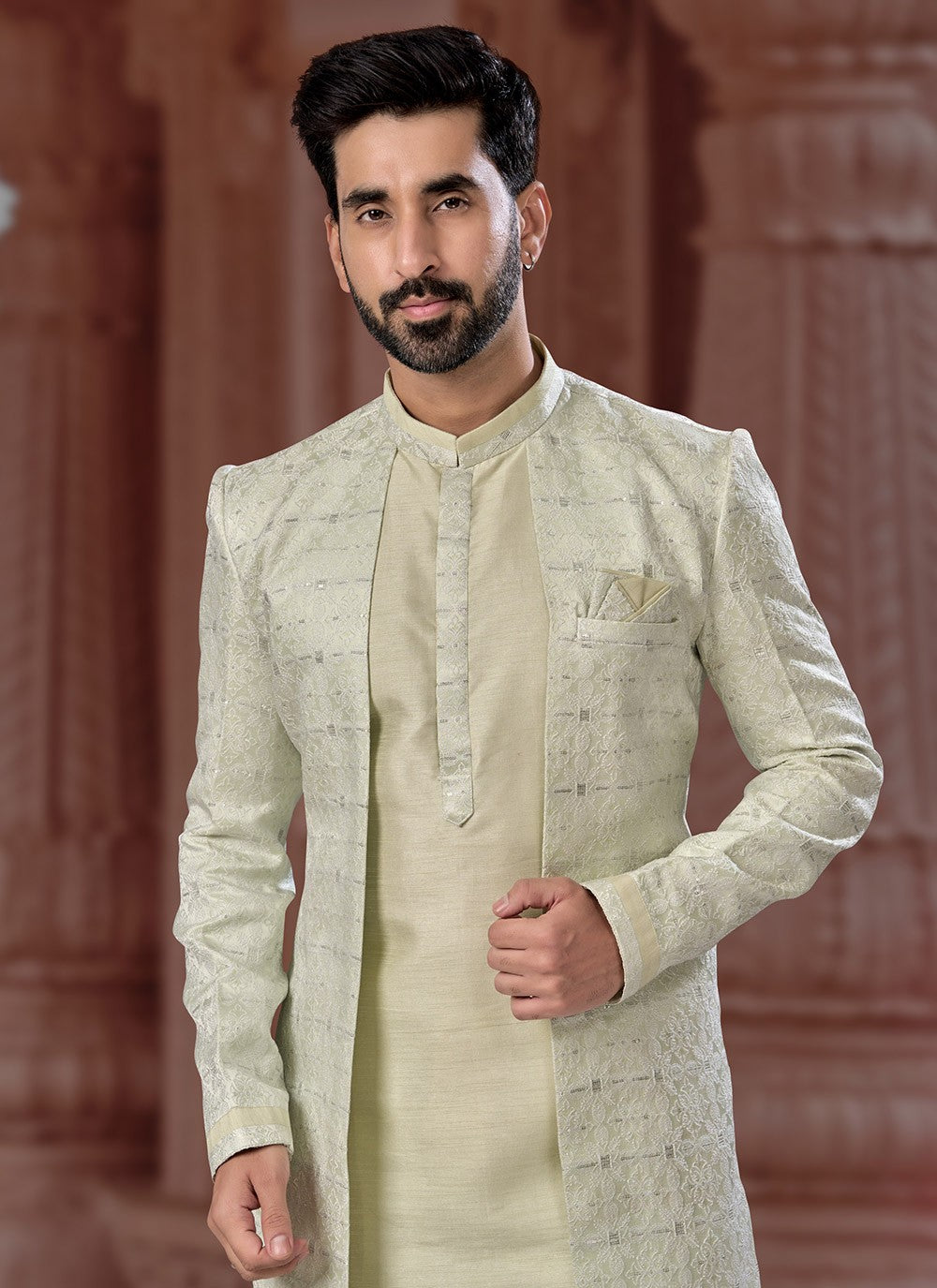 Machine Embroidery Dupion Silk, Jacquard Green Indo Western Sherwani - M7139