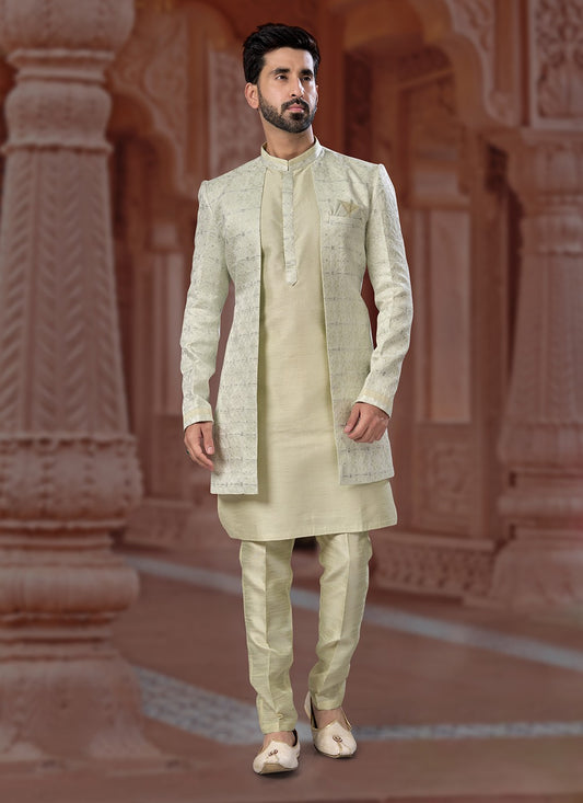 Machine Embroidery Dupion Silk, Jacquard Green Indo Western Sherwani - M7139