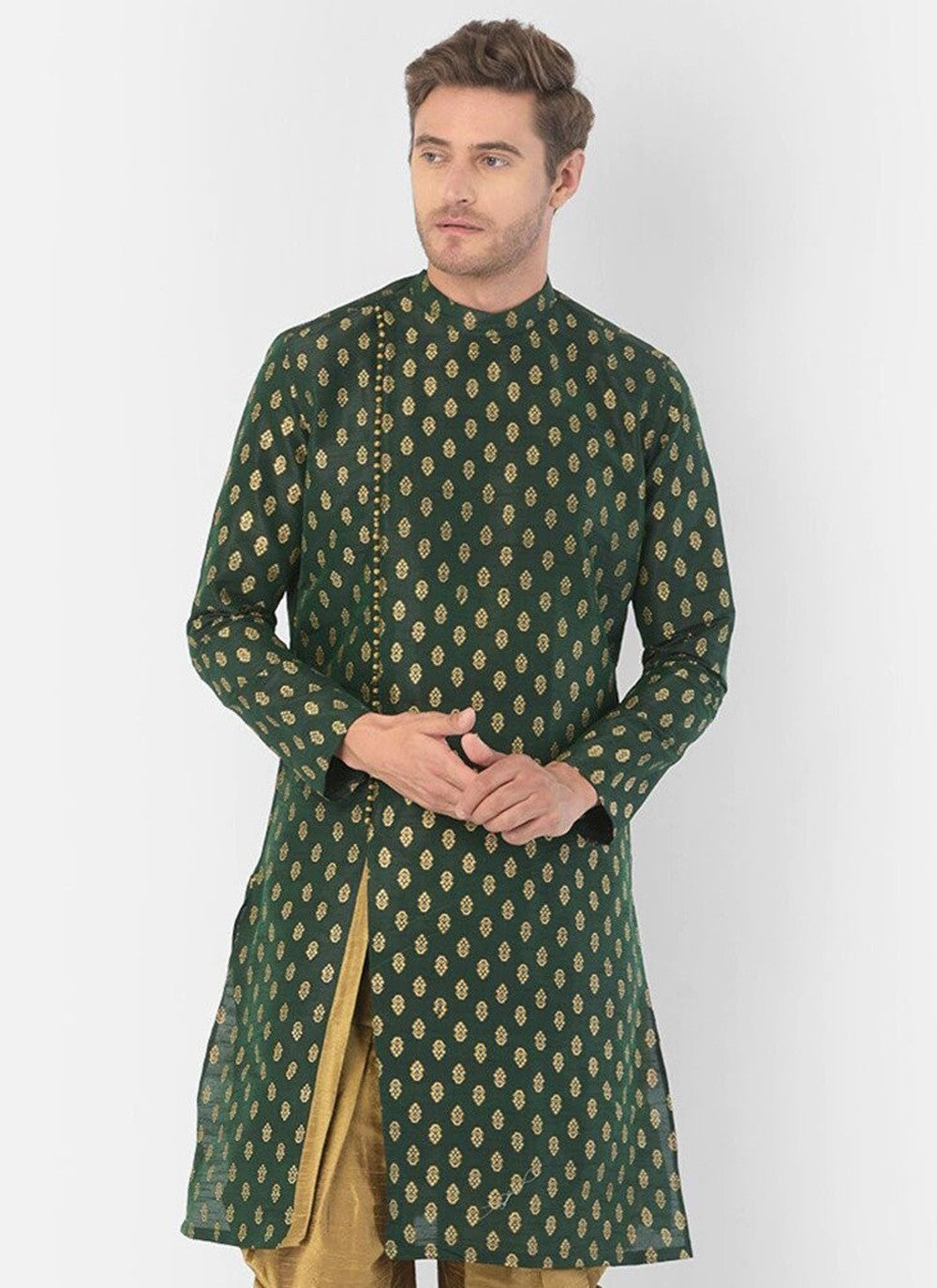 Weaving Zari Dupion Silk Green Kurta - M2279