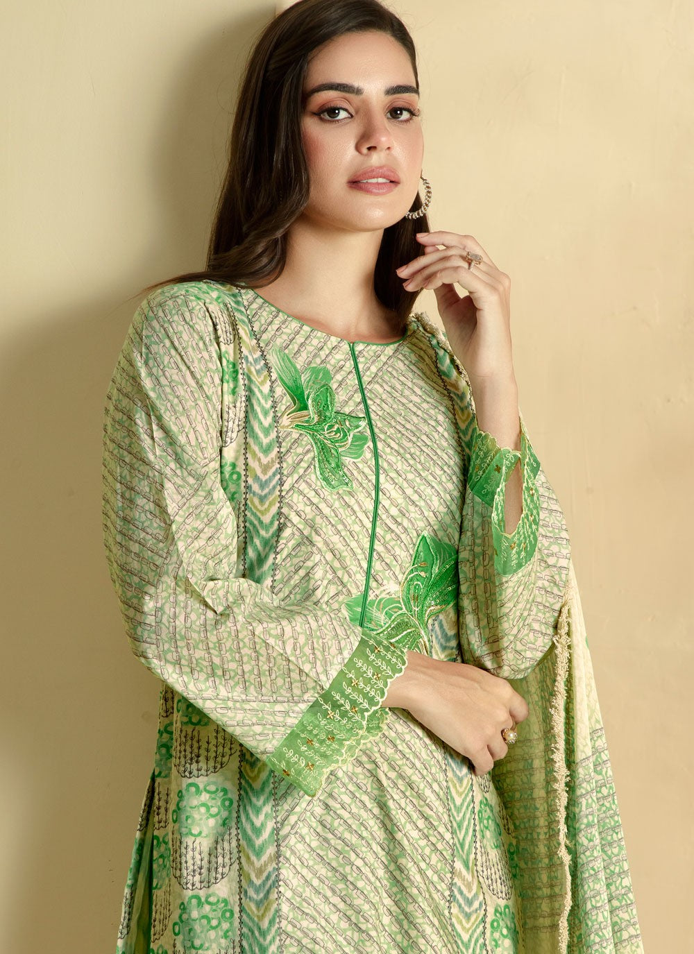 Pant Style Suit Beads, Digital Print, Embroidered, Resham, Sequins Green T7297