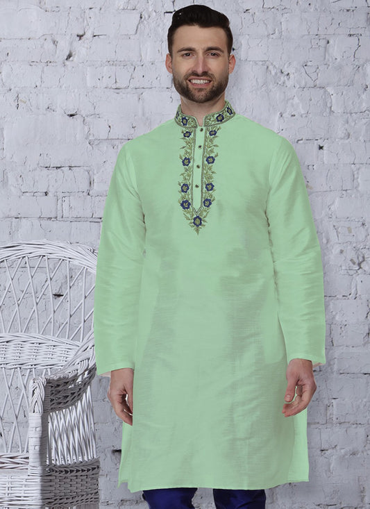 Embroidered Art Dupion Silk Green Kurta - M1458