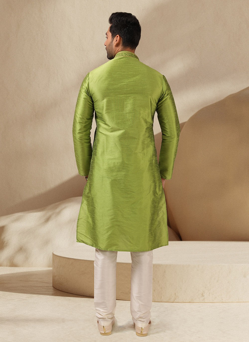 Embroidered Banarasi Silk Green Kurta Pyjama - M3232