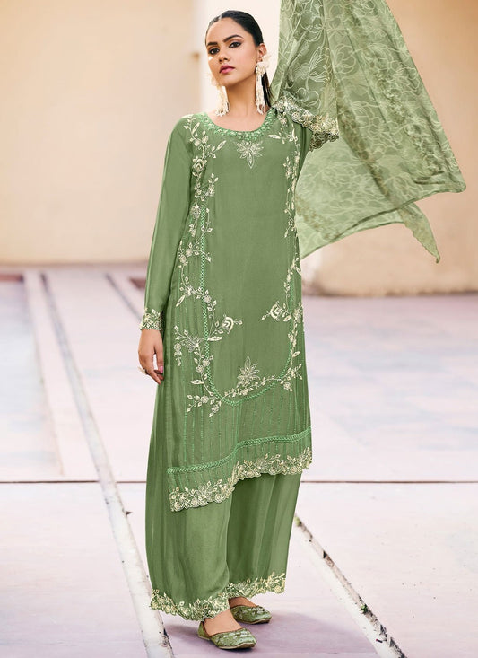 Palazzo Suit Embroidered Green T7671