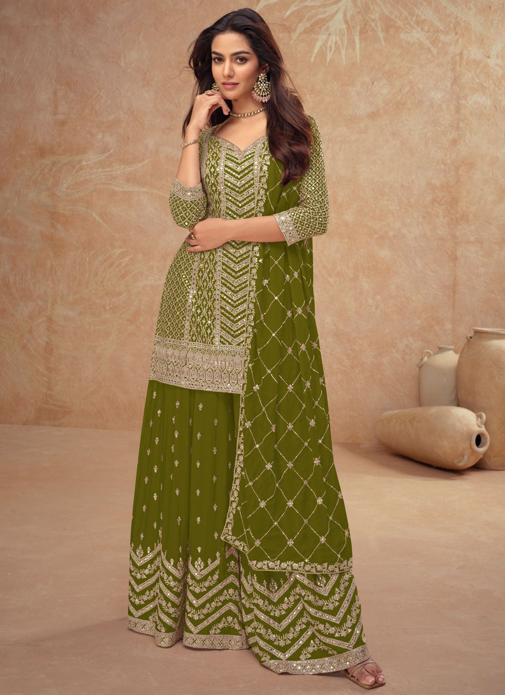 Embroidered Chinon Green Salwar Suit T5986