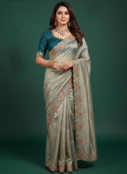 Green Silk Contemporary Saree Embroidered, Sequins S20270