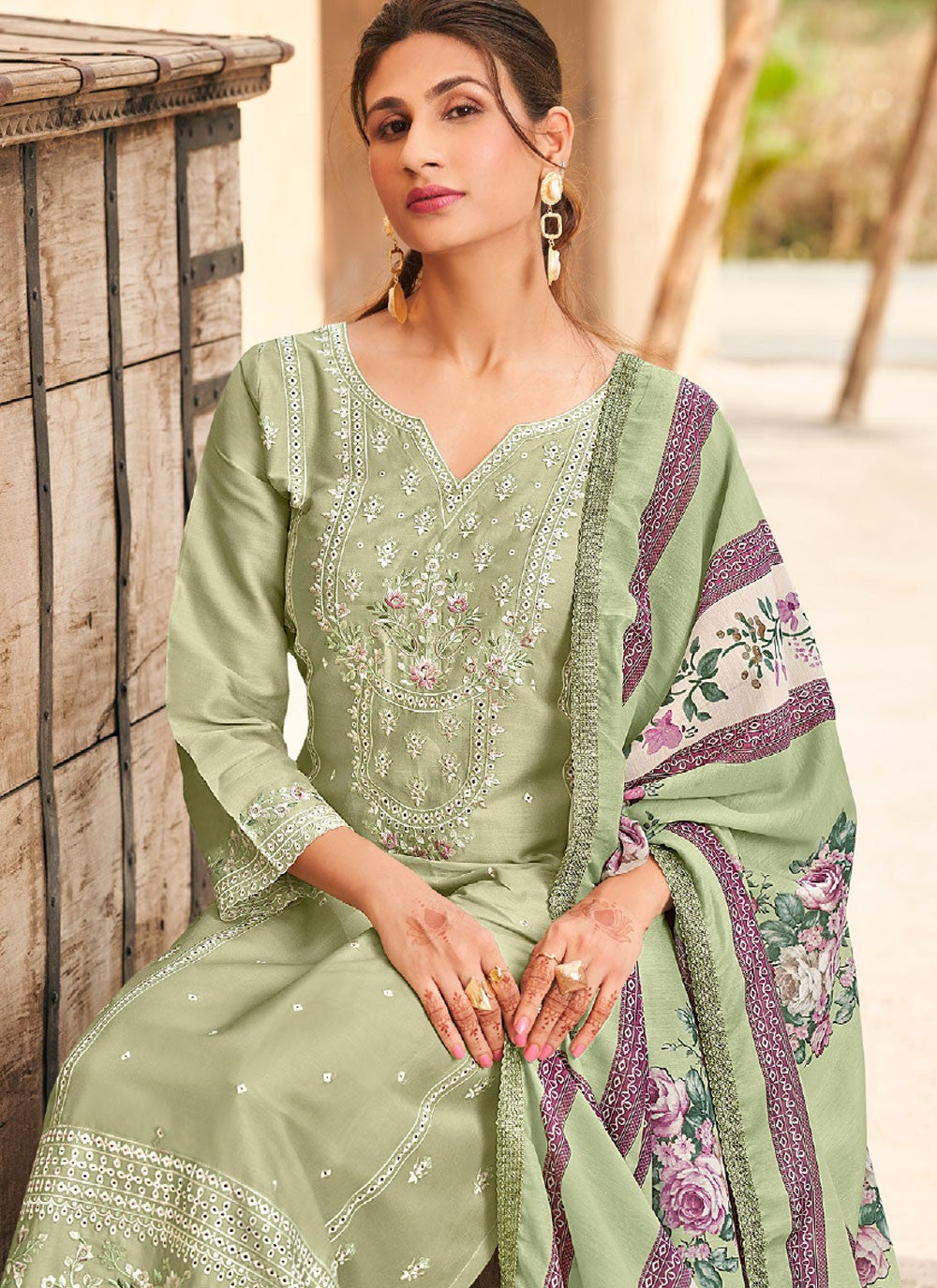 Pant Style Suit Embroidered Green T7168