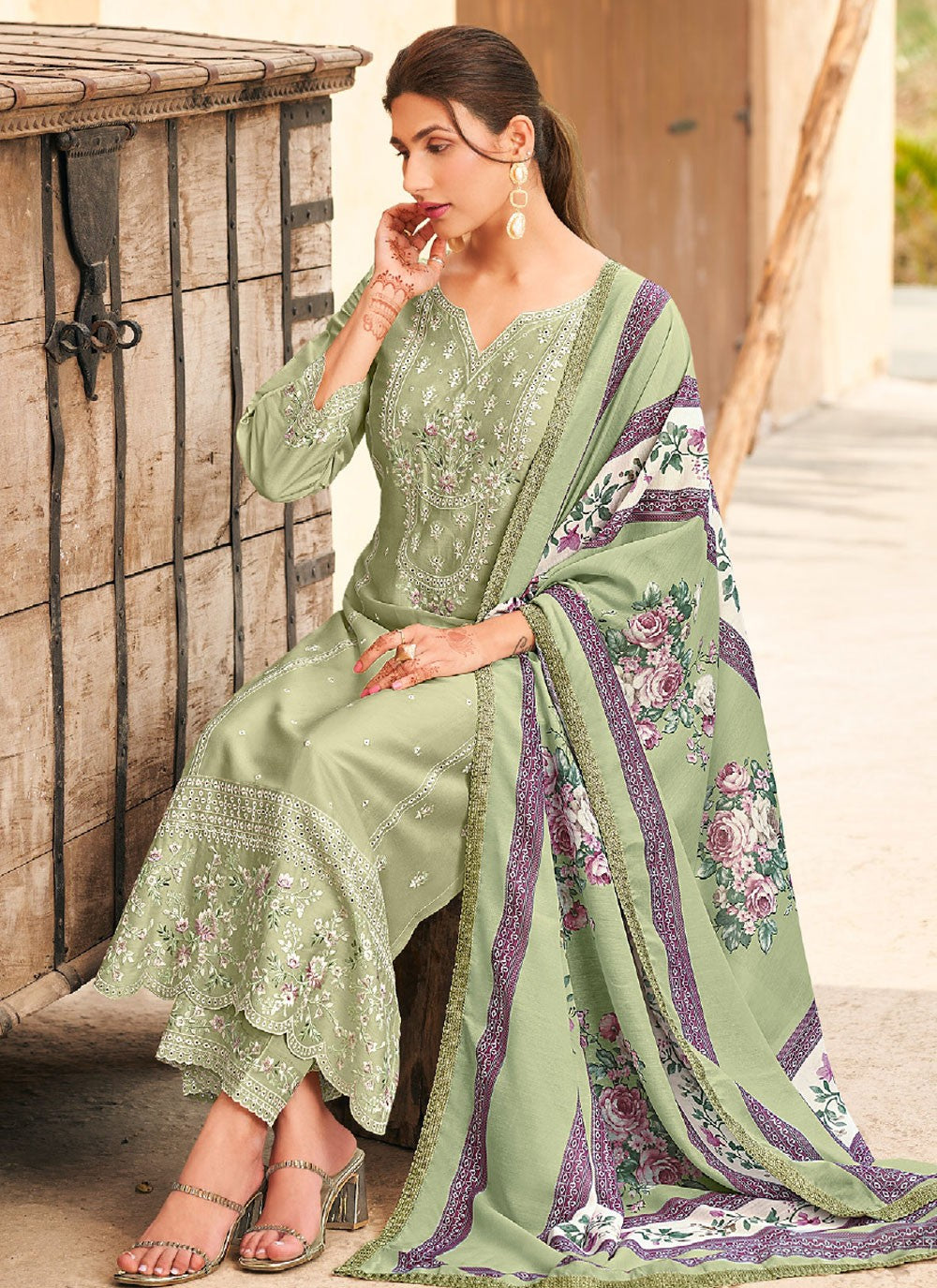 Pant Style Suit Embroidered Green T7168